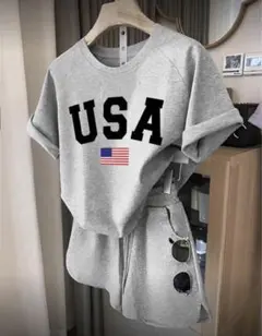 グレー USAロゴ スウェットセットアップ ルームウェアオシャレ可愛いカッコイイ