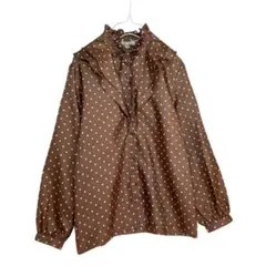 ヴィンテージ茶色ドット柄フリルシャツブラウス長袖リボンタイ光沢レトロ古着