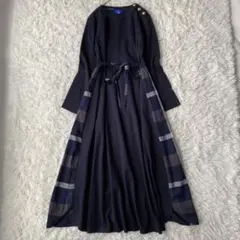 ブルーレーベルクレストブリッジ ロングワンピース チェック リボン 金ボタン 紺