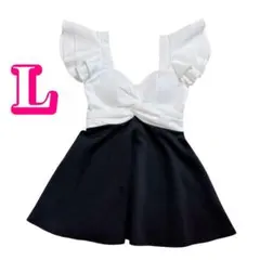 Lサイズ ワンピース ミニ キャバ ドレス フリル袖 バイカラー 白黒 上品