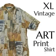 総柄 半袖 アート シャツ 実寸XL 古着 レトロ な アロハ オーバーサイズのサムネイル