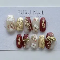 368【現品】◾️成人式ネイル×花柄×和装×金箔×赤×アイボリー◾️ネイルチップ