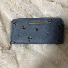 デニムブルー 花柄刺繍 長財布