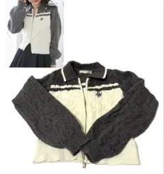 マジェスティックレゴン ダブルジップバイカラーニット グレー M