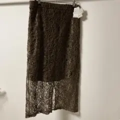 コード刺繍スカート　ロングスカート　タイトスカート　レース　ブラウン　L