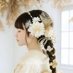 卒業式 髪飾り ダリア アイボリー×ゴールド カチューシャ付／成人式 七五三⑫