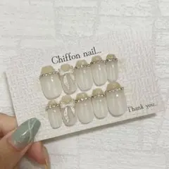 ネイルチップ ワンホン ベージュ ゴールド リボン フレンチ 韓国 量産型