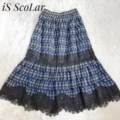 【美品】ScoLar 総柄 刺繍 ロングスカート フレア ネイビー