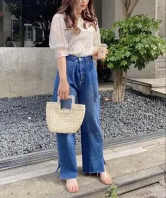 ナイスクラップ カットアウト フリンジ ブルー ダメージワイドデニムパンツ