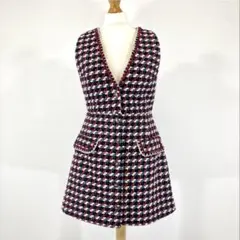 ZARA ツイード ジャケット ワンピース スカート(赤×黒)XS