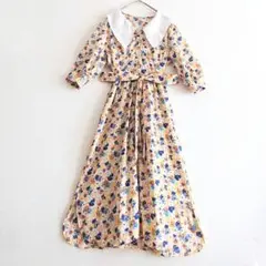 昭和レトロ 花柄 ワンピース ビッグカラー レース リボン ヴィンテー ガーリー