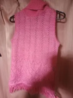 INDIVI ピンク タートルネック モヘアニット フリンジ付きワールド　日本製