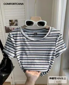 SHEIN ボーダー柄 クロップド丈 半袖Tシャツのサムネイル