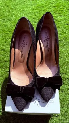 【美品】銀座かねまつ パンプス 24cm D 立体リボン スムースレザー黒