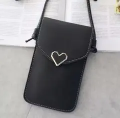 スマホショルダー ポーチ ブラック 操作可能 ハート 金具 ポシェット