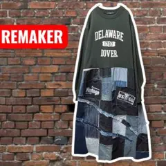 Ｆゆったりロング丈高身長黒トレーナーデニムククレイジー古着リメイクワンピース