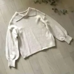 バルーンスリーブ ニット ドロップショルダー セーター 襟付き ピンクベージュ