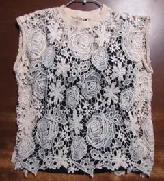 シースルー　レース ノースリーブ カットソー　透かし編み　カギ編み　花柄