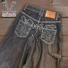 バギーデニム　ワイドジーンズ　刺繍　ストリート　アメカジ　極太　ユニセックス　M