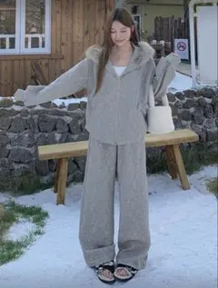 SHEIN ファー付きパーカーセットアップ グレー