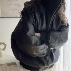 【JaVa コラボ】 リブタートル フェイク レザー オーバーサイズ ジャケット