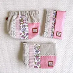 パッチワークデザイン小型ポーチ 、ティッシュケース3点セット/ハンドメイド