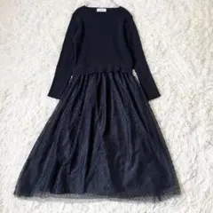 オペークドットクリップ　ニットドッキングワンピース　レース　ネイビー　洗える