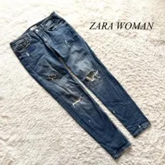 J4【ザラウーマン】スキニーデニムパンツ　ダメージ加工　ネイビー　38 人気