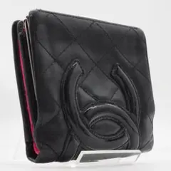 CHANEL カンボンライン コンパクト がま口 二つ折り財布 黒×ピンク