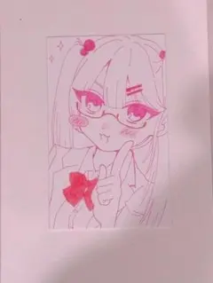 トレカ風イラスト 手描き 萌え絵 メガネ 平成 ツインテール