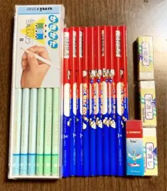 ユニスター三角鉛筆12本サンリオ赤青鉛筆10本STABILO消しゴム