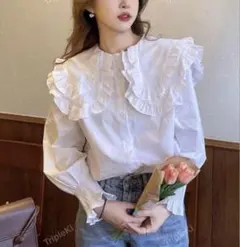 SHEIN フリル付きホワイト長袖シャツ