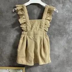 ベージュ フリル付きコーデュロイオーバーオール