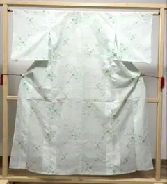 A◆着物くつろぎ 夏物 露草に撫子 薄緑 化繊 小紋 薄物 絽 紗 着物 94のサムネイル