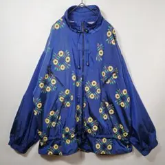 花柄刺繍 ナイロンジャケット L相当 青 ビッグシルエット 男女兼用 イタリア製