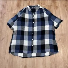 青　チェック柄 半袖シャツ ギンガムチェック　L