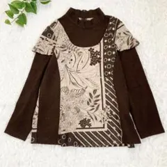 フラワープリントニット　L フリル　花柄　ブラウン　長袖　重ね着　トップス　秋冬