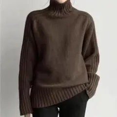 リブ編み 細見え効果 タートルネック ニット セーター ダークブラウン