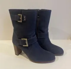 ダイアナDIANAレザーブーツネイビーショートミドルベルトチャンキーヒール22