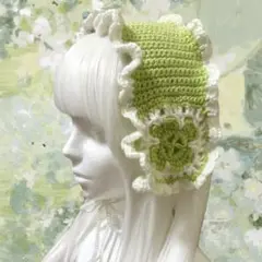ハンドメイド 編み物 ヘッドドレス 四葉のクローバー 森ガール ロリータ フリル
