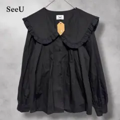 【シーユー】SeeU（F）フリル襟付　長袖ブラウス　ブラック　レーヨン混