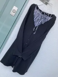 ニッセン 綿 重ね着風チュニック ワンピース 黒 チェック6L 日焼け防止に長袖