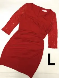SOBRE 赤 レース袖 ドレープデザイン ドレス L