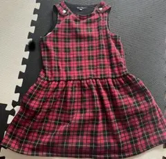 130 ベベ　赤と黒のチェック柄 ジャンバースカート M
