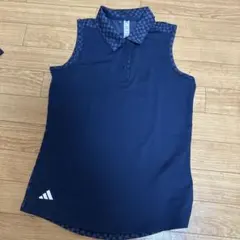 adidas レディース ゴルフシャツ L ネイビー チェック柄　ノースリープ