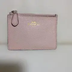 ピンク レザー コインケース 透明ポケット付き