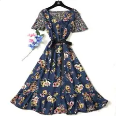 未使用級　ローラアシュレイ　ロングワンピース　フローラル✨　フリル✨　濃紺