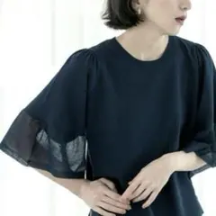 【新品】　OPAQUE.CLIP シアーフレアスリーブニット　ネイビー　L