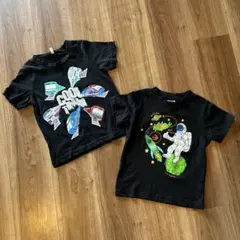 キッズ半袖Tシャツ 2枚セット 電車 宇宙柄　ブラック　西松屋　パシオスのサムネイル