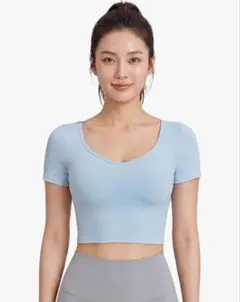 【新品】カップ付きヨガウェア フィットネス L 水色